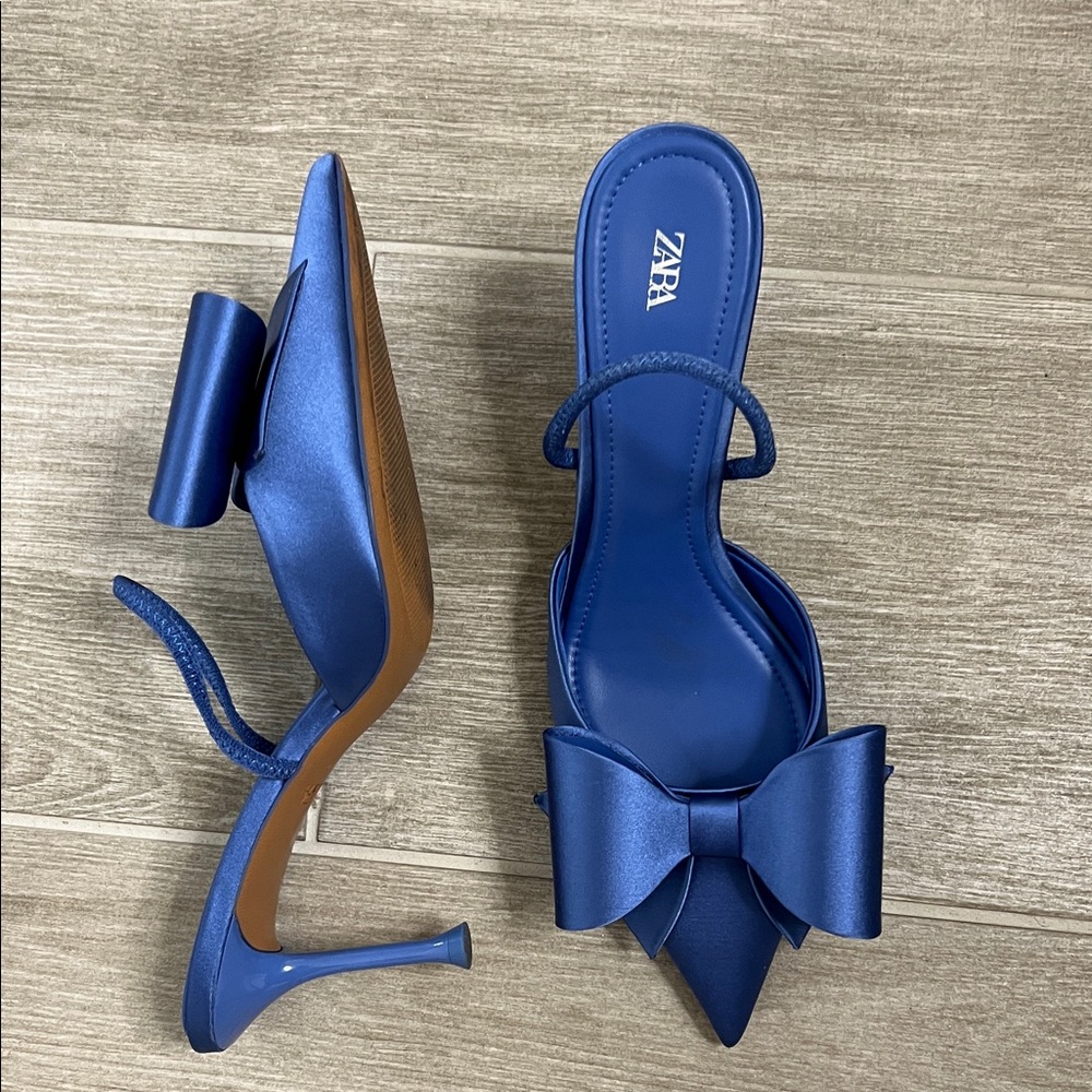 Zara Women's Satin Blue Bow Heels - Picture 2 of 2